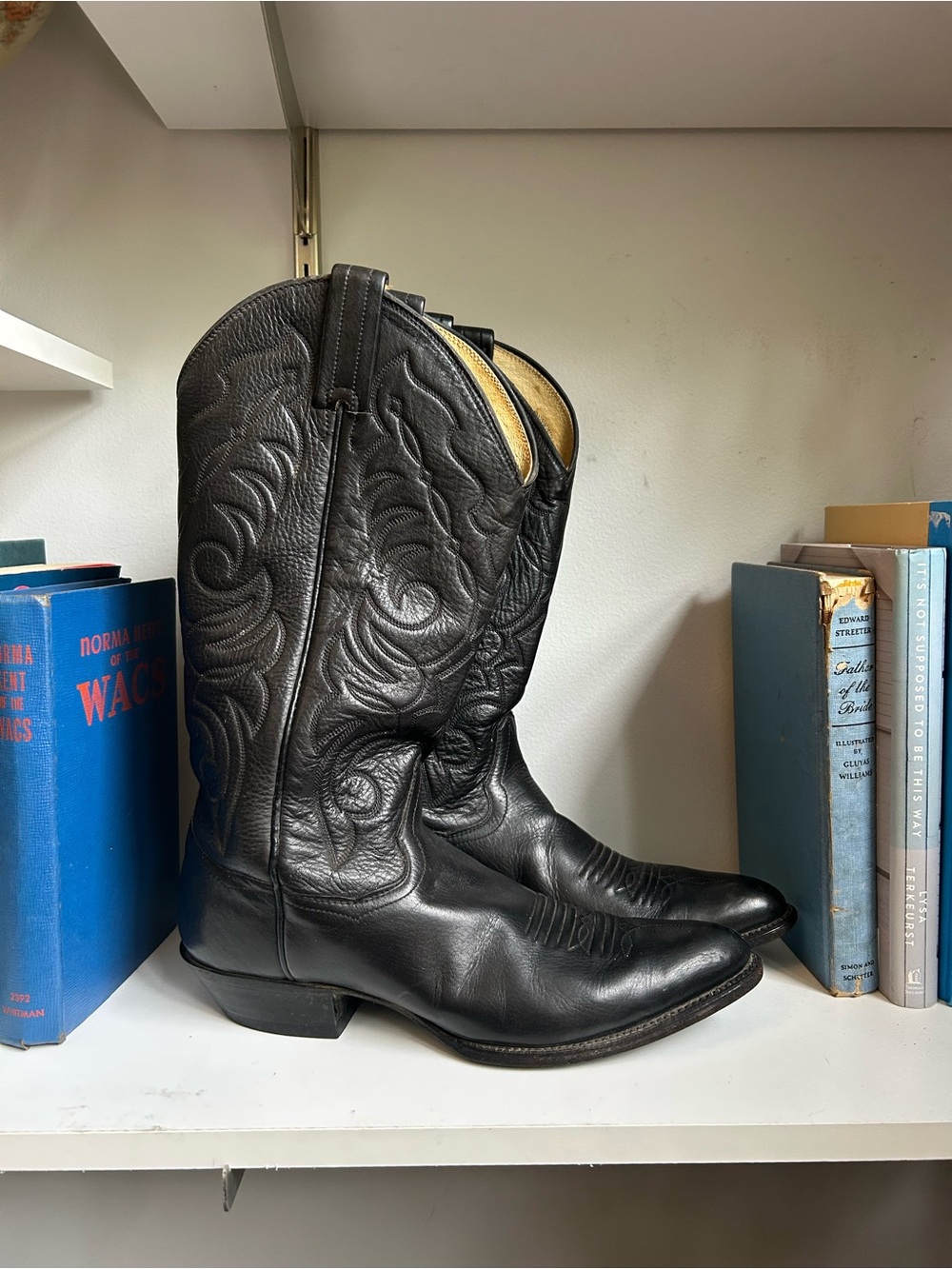 Sanders Black Leather Western Boots with Decorative Stitching